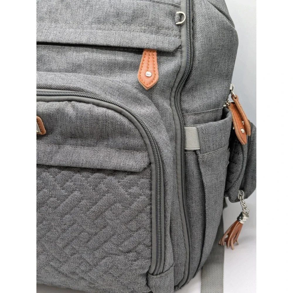 BabbleRoo Gray Diaper Bag Backpack Changing Pad Pacifier Case Multi Pocket Baby